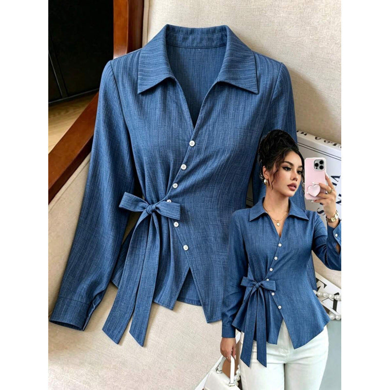 fashion  autumn new arrivalretro lapel single-breasted side waist tie backcasuallong sleevesshirt