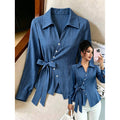 fashion  autumn new arrivalretro lapel single-breasted side waist tie backcasuallong sleevesshirt