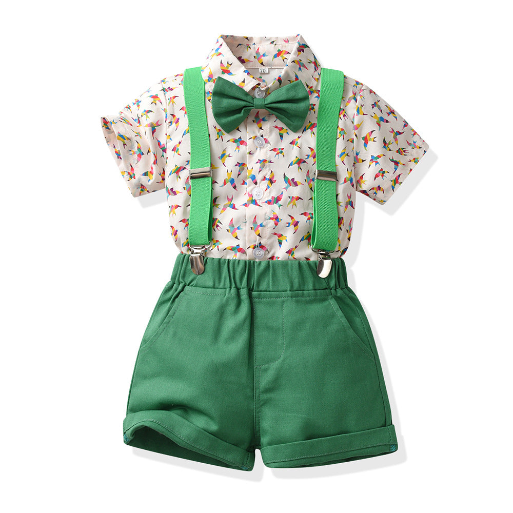 European and american style boys' outfit set: short-sleeve printed shirt, overalls, bow tie - beach-themed cross-border children's wear wholesale