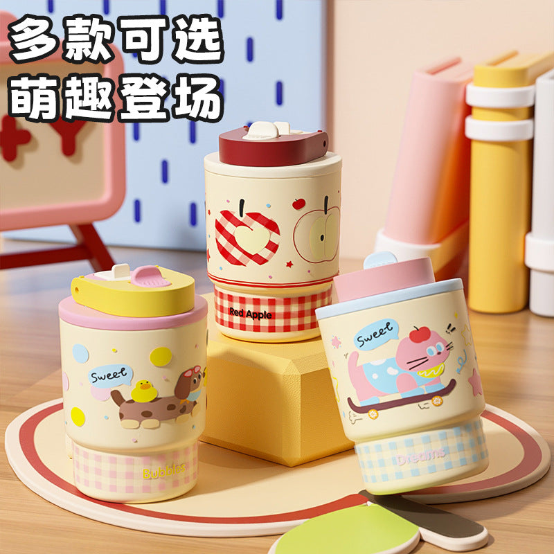 Kids' cartoon double-drink insulated mug, 316l stainless steel coffee cup, stylish design for girls, portable car water bottle with straw