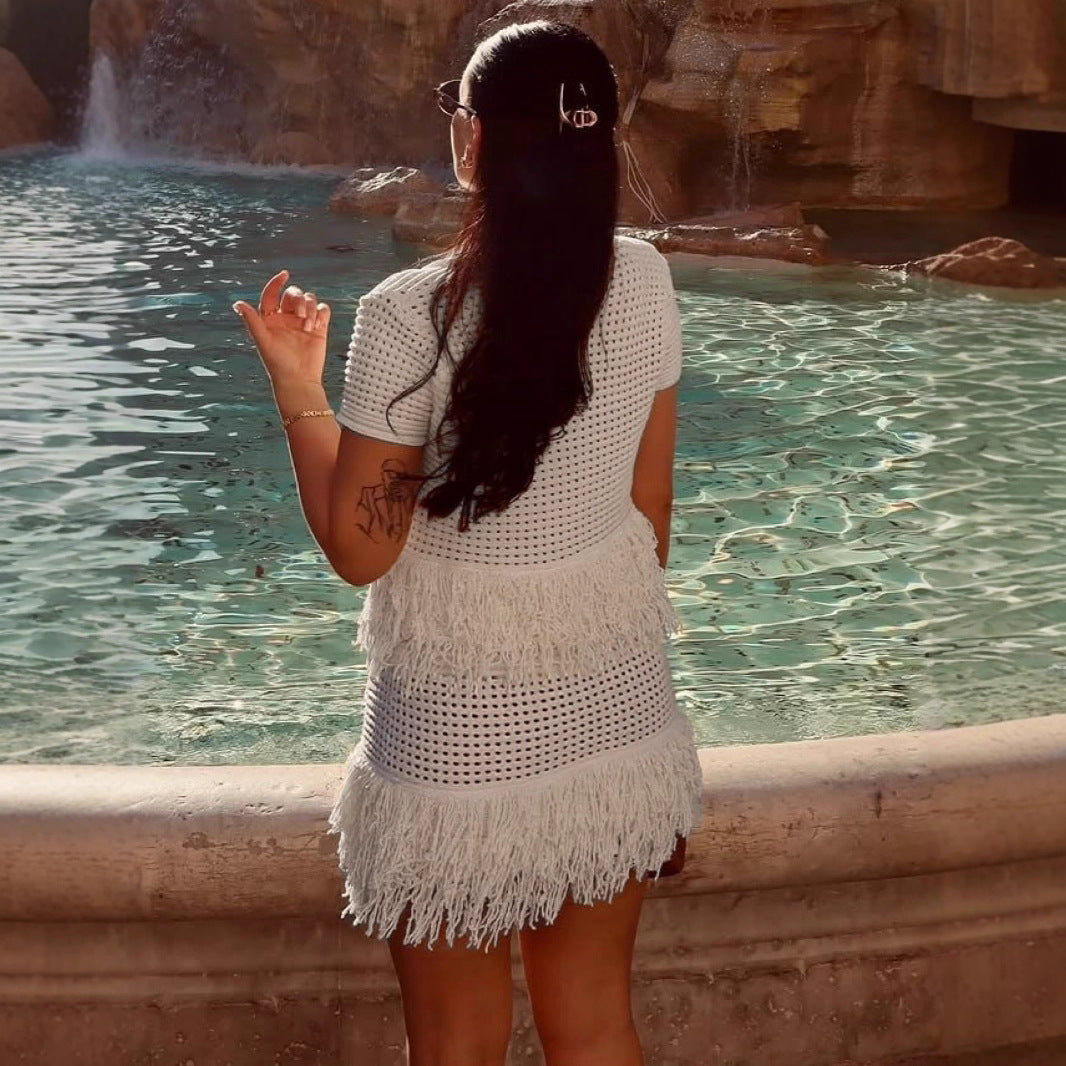 Europe, America and the United States in the summer of 2025, the new hollow tassel short-sleeved knitted cardigan + short skirt two-piece set