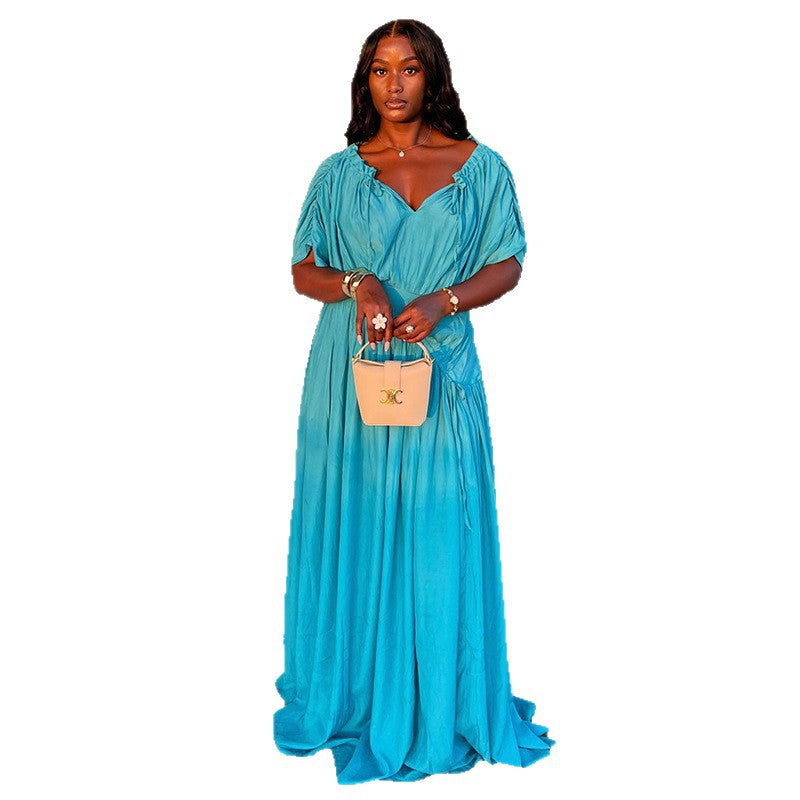 European and american women's clothing  autumn new collection: sweet and fresh v-neck batwing sleeve high-waisted slimming a-line maxi dress