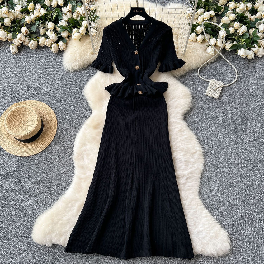 Luxury chic women's dress - autumn  collection: slim-fit knit maxi dress with metallic buckle detail, inspired by chanel