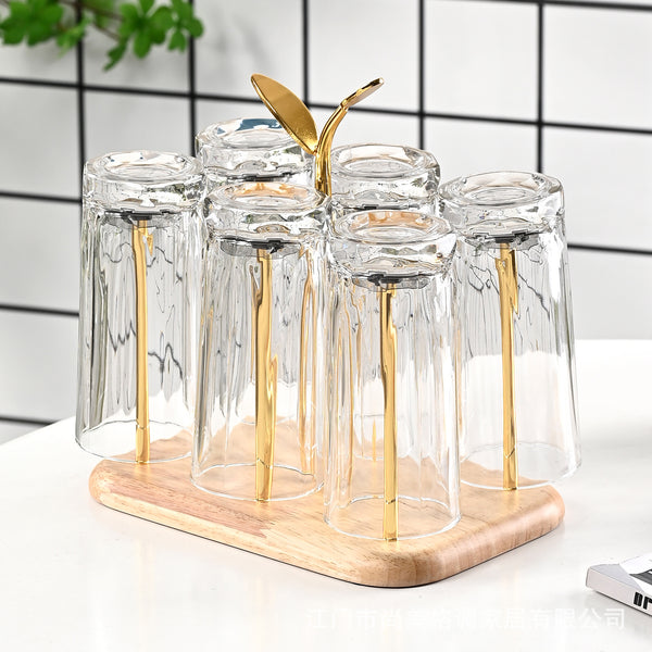 Glass water cup hanger, drain rack, living room countertop, wooden tray, tea cup holder, household upside down cup storage rack
