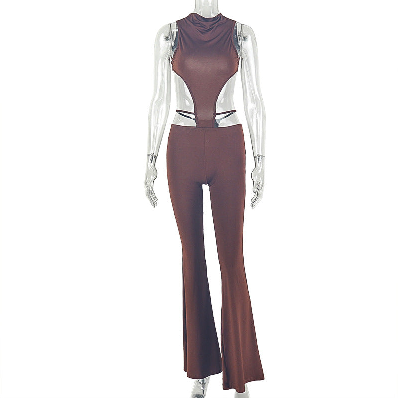 Fashion style cross-border women's pure color hot hip-covering fashion jumpsuit high collar sleeveless low waistbackless long jumpsuit