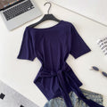 K-stylesense of design oblique shoulder tie backtight waist short-sleeved t-shirt women's new arrival waist slimming lookeleganttops