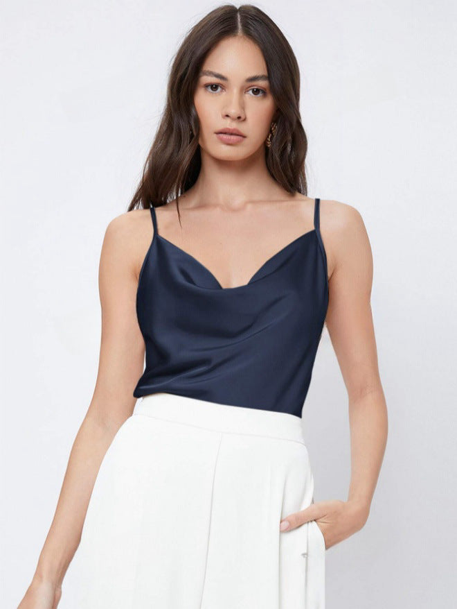 Suit with artificial silk satin suspenders women's stacked collar outwear sexy bottom swing collar short tops