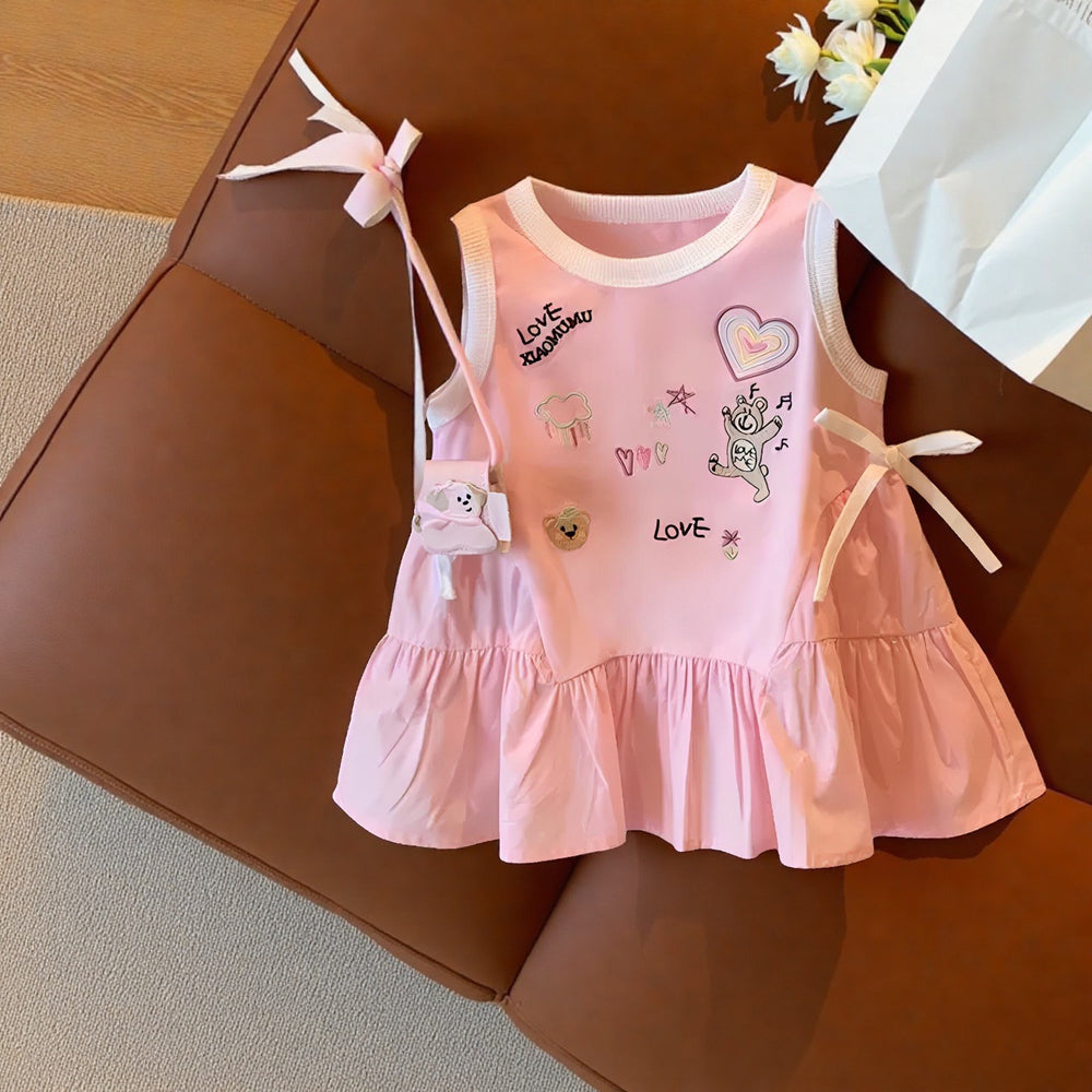 Girls' round neck sleeveless dress - summer  new arrival - kids' cartoon korean style t-shirt dress - cute casual skirt