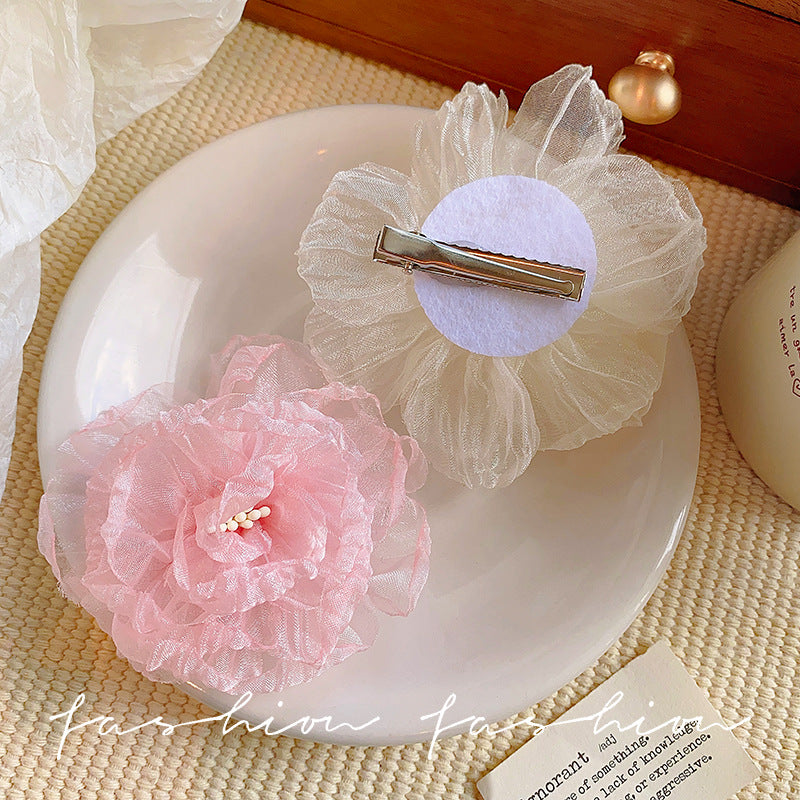 Small fresh organza flower hairpin side clip side back of head hairpin super fairy vacation style green forest style headwear