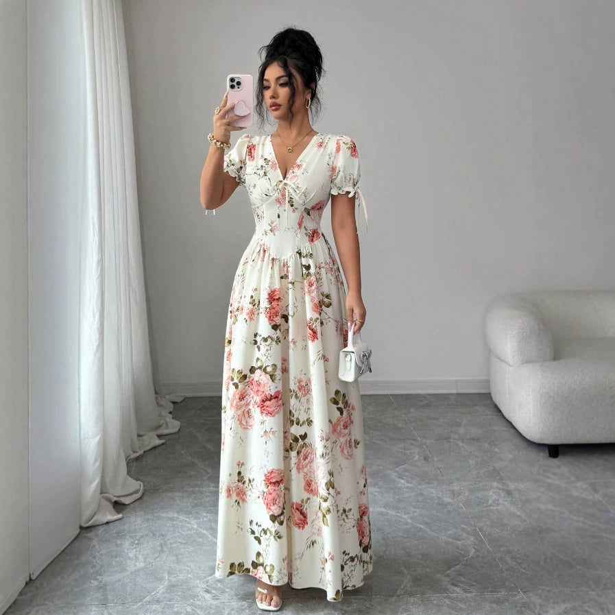 new cross-border floral dress - export quality, slim-fit, figure-flattering, vacation-ready maxi dress with botanical print