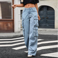 European and american cross-border e-commerce multi-pocket cargo pants,  autumn new collection, high-waisted straight-leg wide-leg denim trousers for women