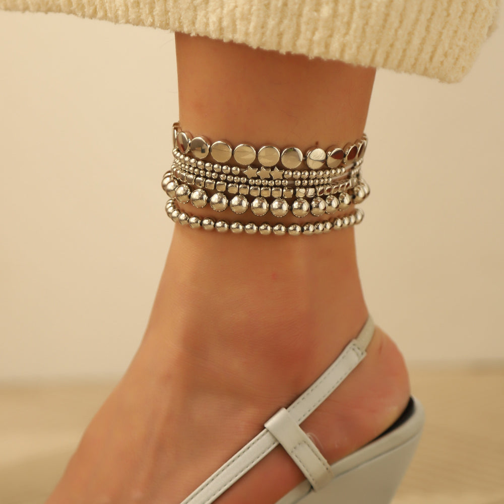 Stackable anklet set wholesale - european & american style, alloy geometric beaded anklets for women, unique heart & cross charms jewelry