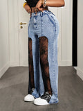 Fashionjeans women's high waist washed front slit patchworklace lined micro-flared jeans hot girl stylishpants