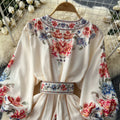 European and american retro chic v-neck lantern sleeve tie-waist slimming a-line midi fashion print dress