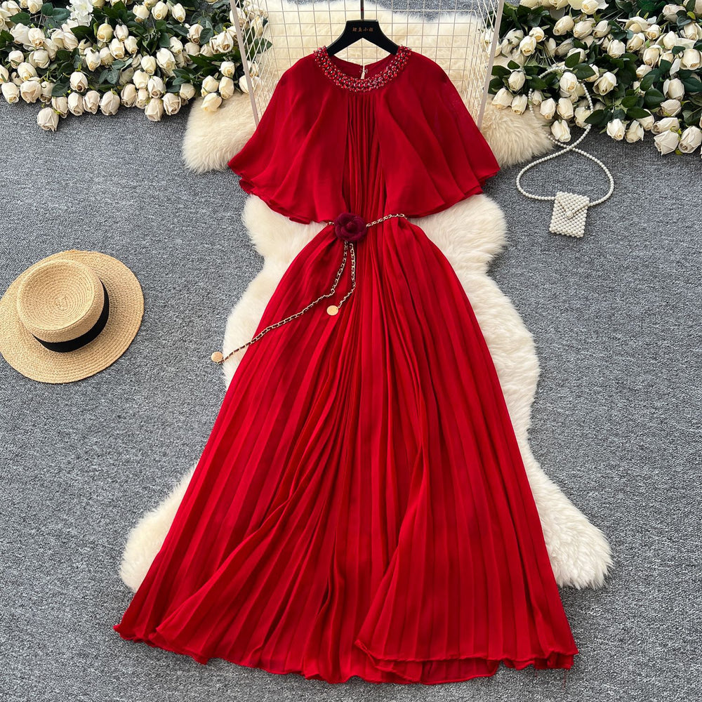 French fashion heavy industry diamond round neck shawl patchwork strap waist slimmingelegantpleated chiffon dress for women