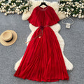 French fashion heavy industry diamond round neck shawl patchwork strap waist slimmingelegantpleated chiffon dress for women