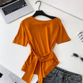 K-stylesense of design oblique shoulder tie backtight waist short-sleeved t-shirt women's new arrival waist slimming lookeleganttops