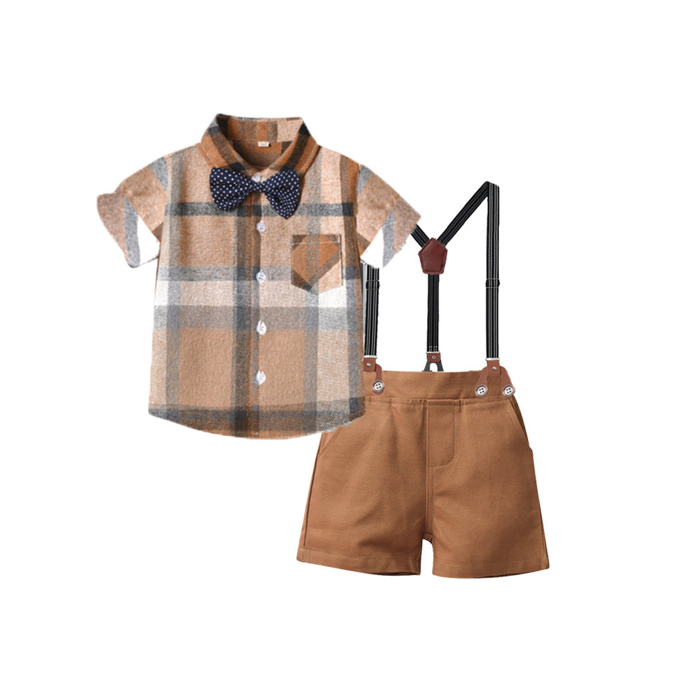 New british style boys' summer gentleman's first birthday outfit, kids' short-sleeve plaid shirt, boys' performance costume