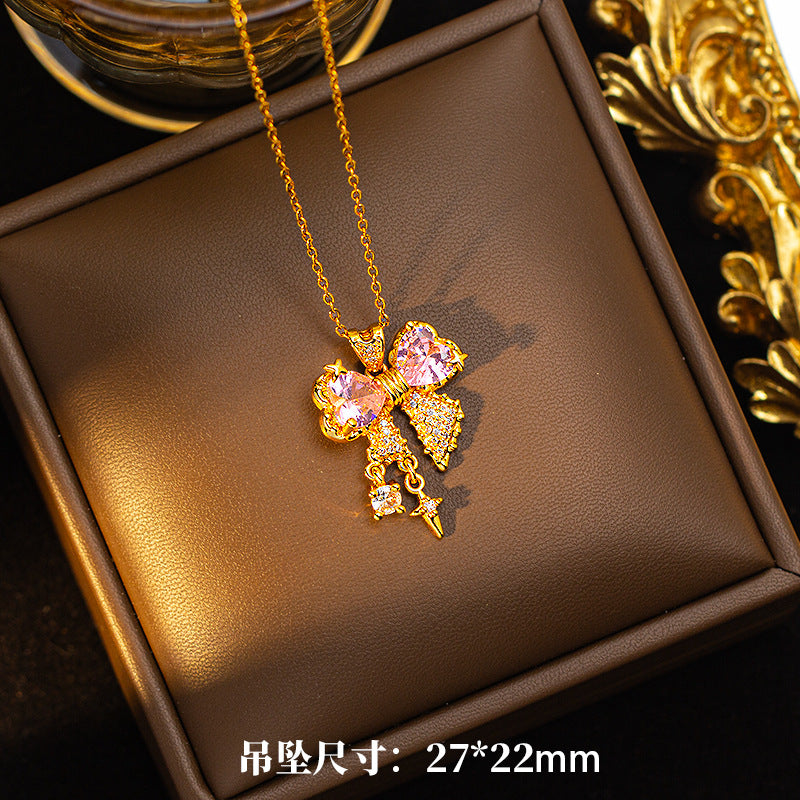 Copper inlaid zirconium four-leaf clover necklace for women, titanium steel real gold plating popularinsfashion flower exquisite sweater chain jewelry