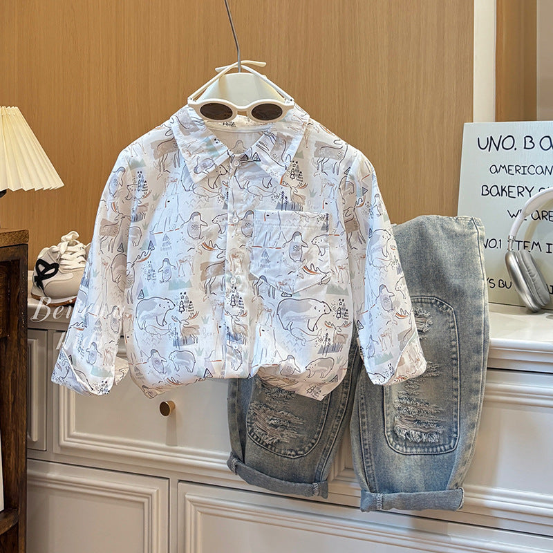 Boys' long-sleeve shirt - spring/autumn  collection - baby shirt, children's clothing, toddler & little kid's lapel collar cartoon all-over print shirt - trendy style