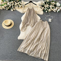 Dopamine beach vacation fashion set for women: summer halter neck ruched tank top + high-waisted midi skirt