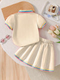 summer new arrival: girls' cute embroidered rainbow stripe collar polo dress two-piece outfit