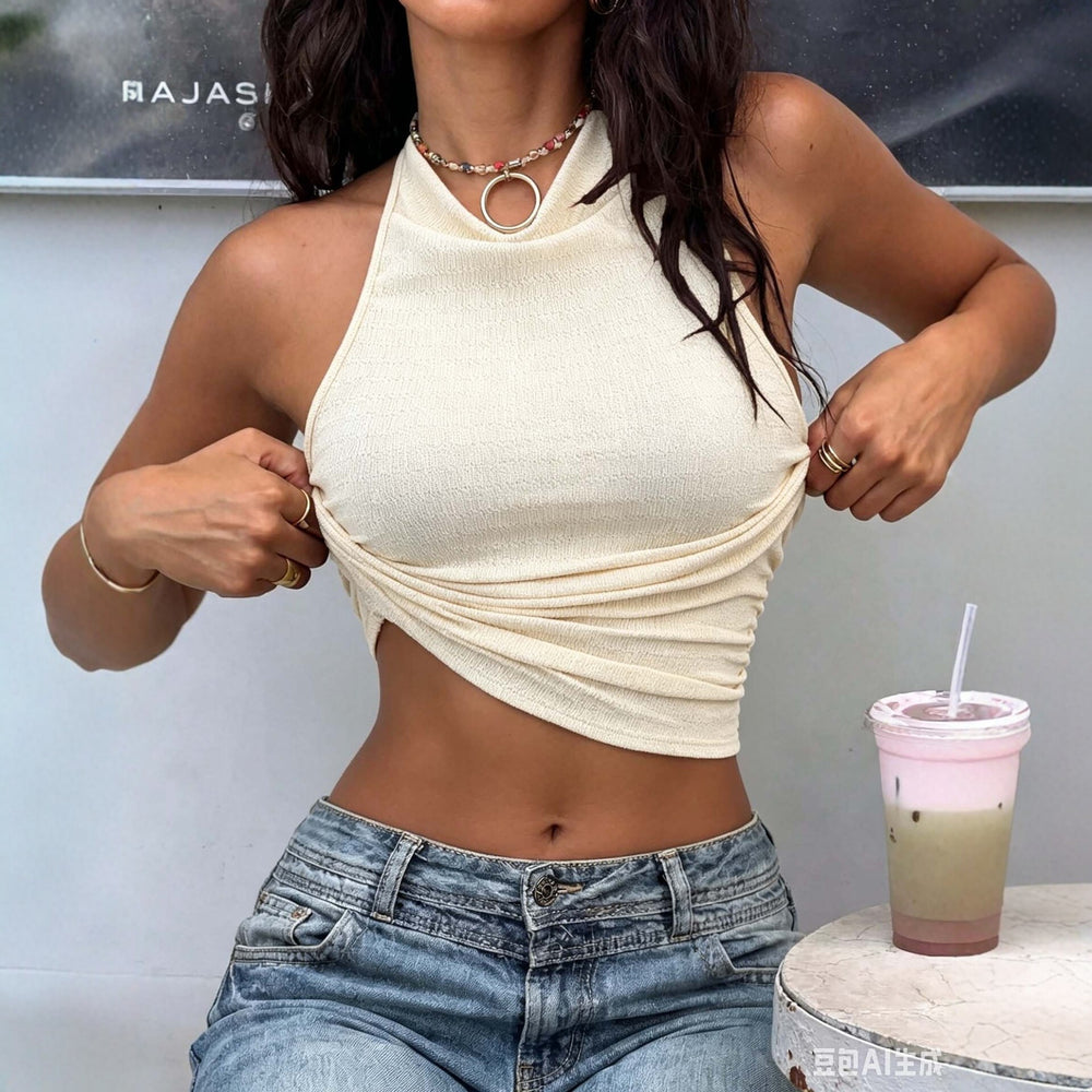 fashion texture half turtleneck halter vest for women, waist slimming look, backlessshort, hot girl tops