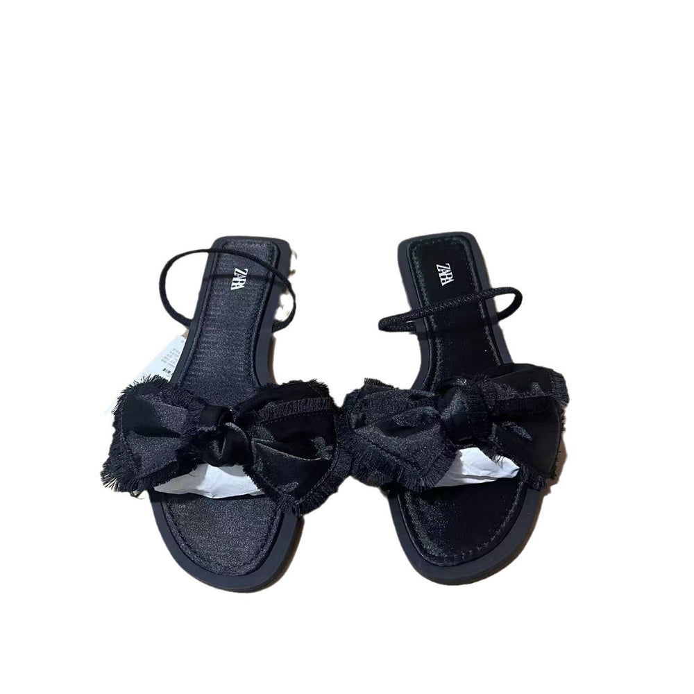 Za2024 summer new black flat sandals with back strap and bow detail - stylish women's outdoor sandals