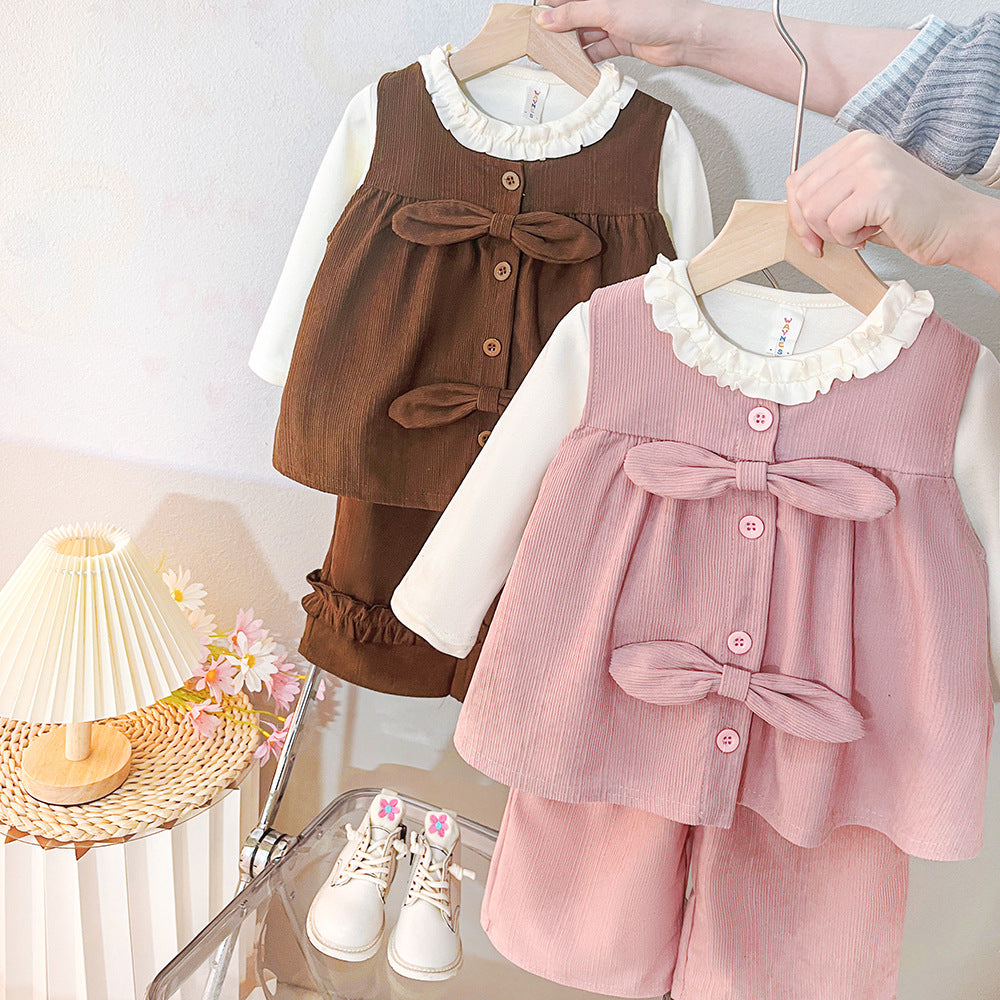 Girls' korean style outfit set - new spring  collection: stylish lace trim undershirt, vest, and casual wide-leg pants for kids