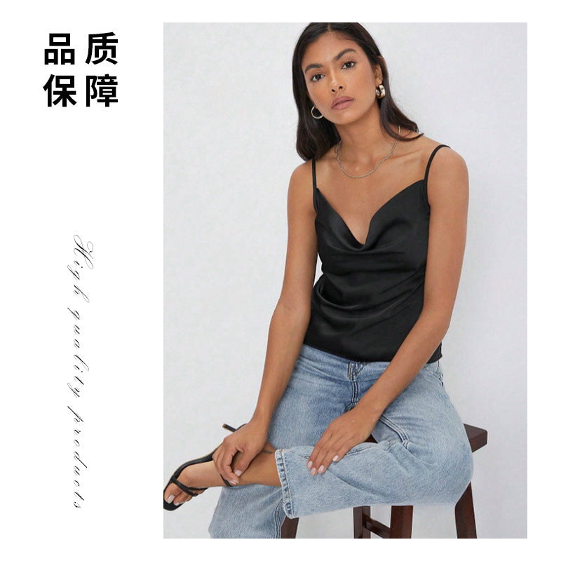Suit with artificial silk satin suspenders women's stacked collar outwear sexy bottom swing collar short tops