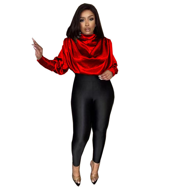 Special offer supply export women's woven topsfashionloose high collar long sleevesslimming lookshorttopsfashion popular