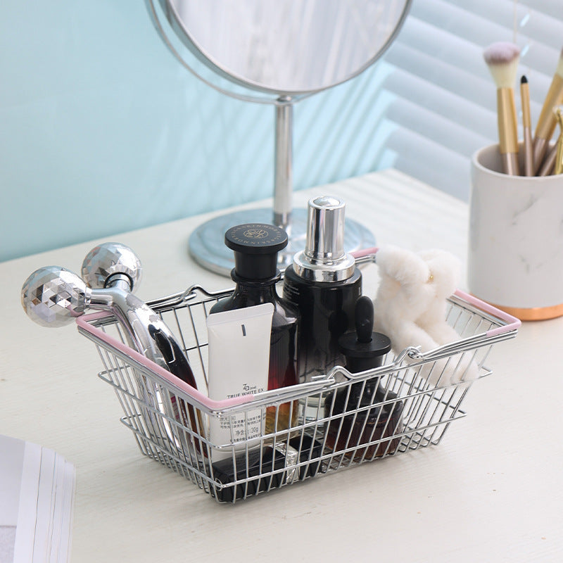 Cross-border  wrought iron simulation shopping basket household cosmetics sundries storage decorative shelf shooting props