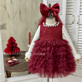 Girls' dress:  winter fashionable pearl red fleece-lined vest cake skirt two-piece set, first birthday outfit