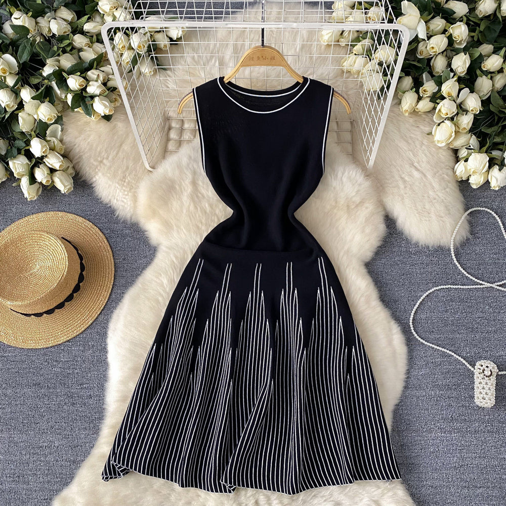 European and american style minimalist sleeveless crew neck striped knit dress - women's summer cinched waist design, unique fairy-inspired midi dress