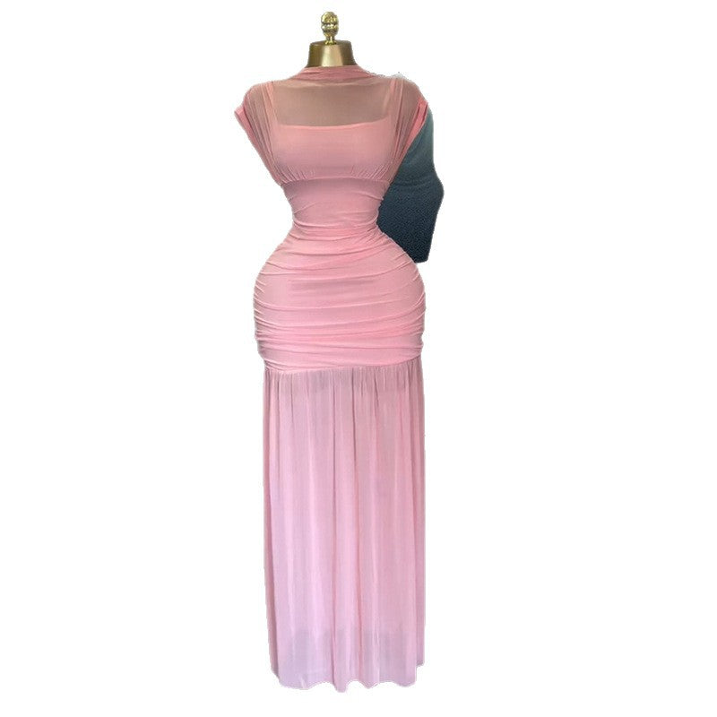 European and american cross-border women's fashion:  summer new arrival - elegant pink semi-high neck ruched slim-fit midi dress