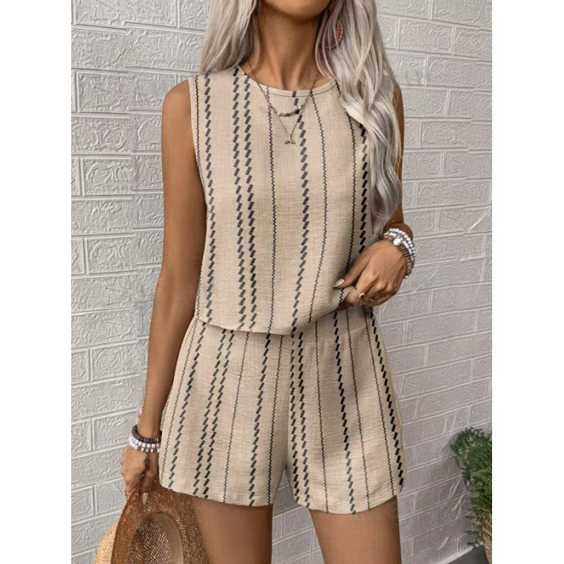 Shipped: tiktok/ european and american summer casual striped sleeveless fashion tank top and shorts two-piece set