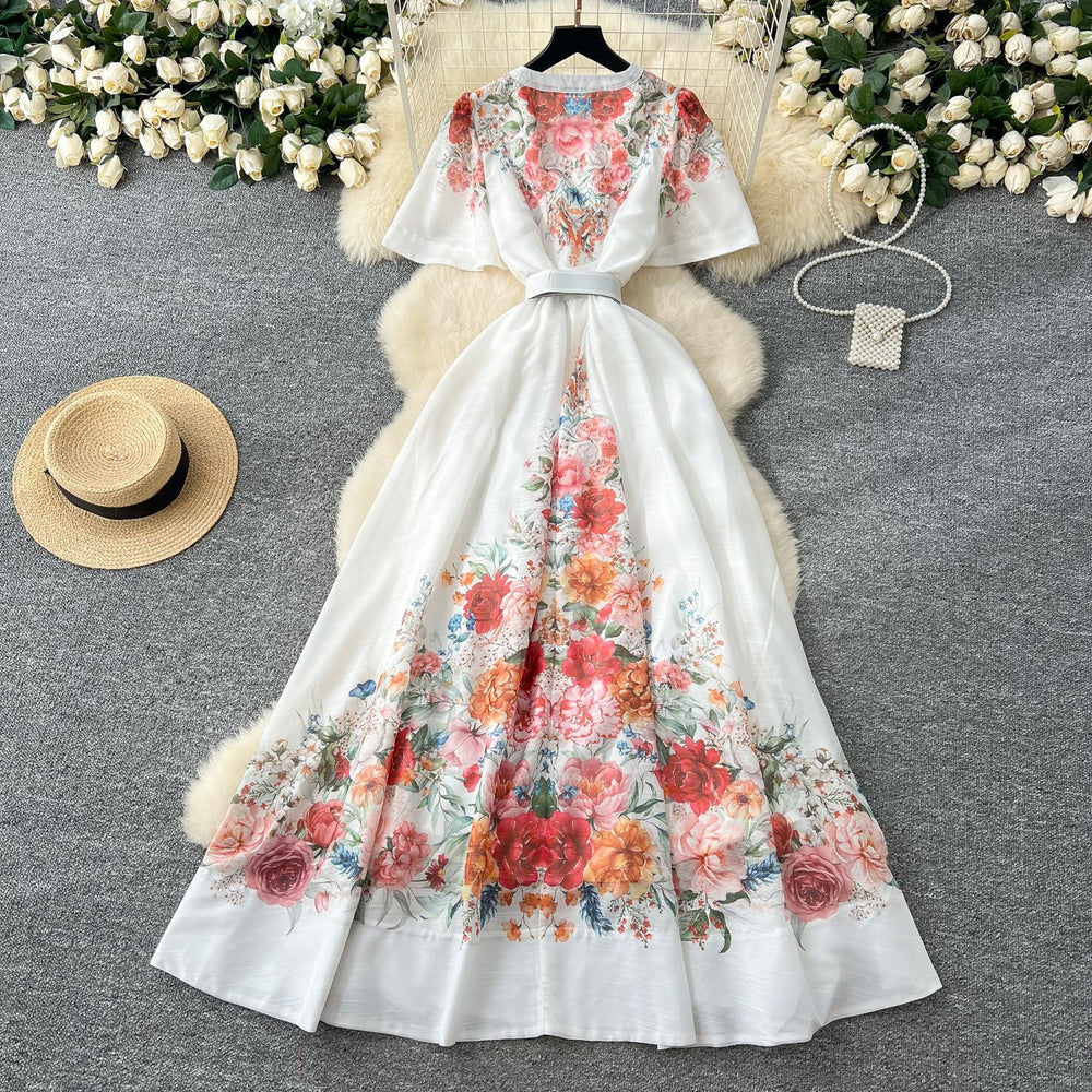 French dress women's  spring elegance deep v neck single breasted small flying sleeves waist large swing printing vacation long skirt