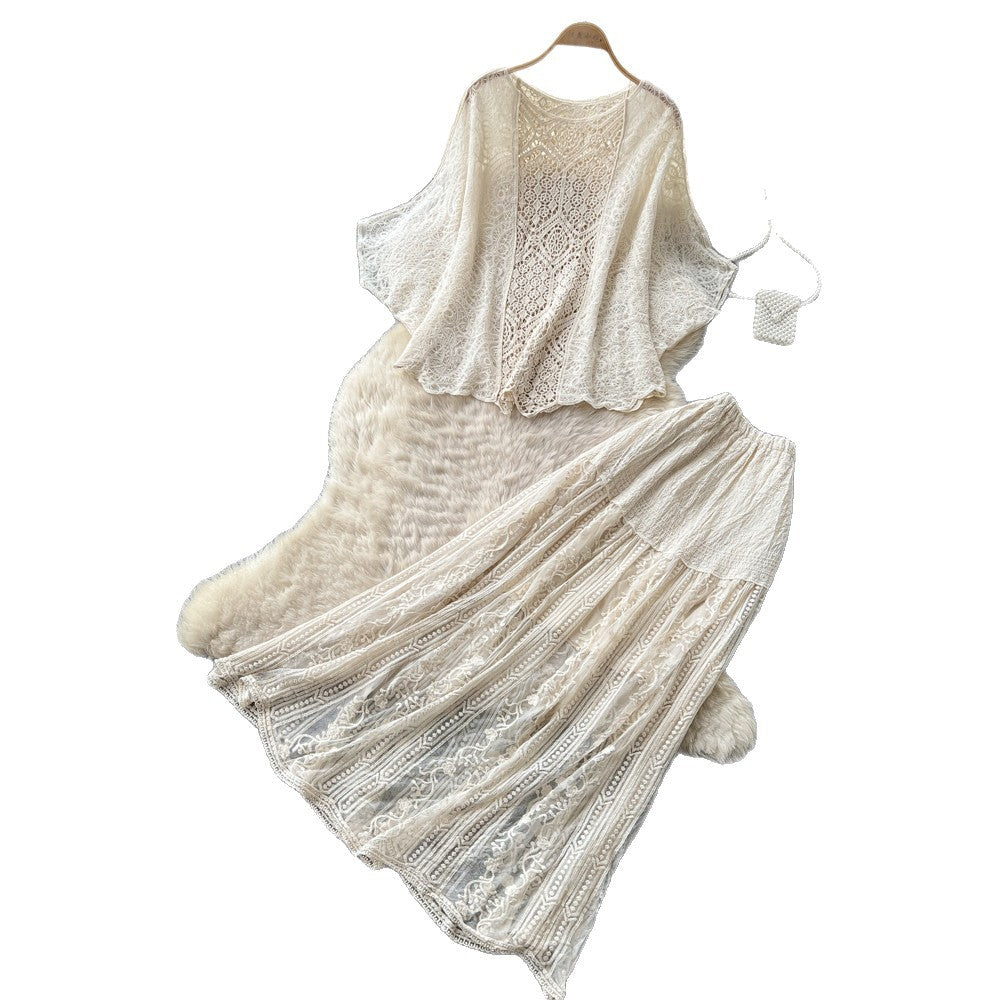 Gentle wind lacecut outeleganttwo-piece set women's summer pure desire wind silmslimming lookwork clothingelegancesuit
