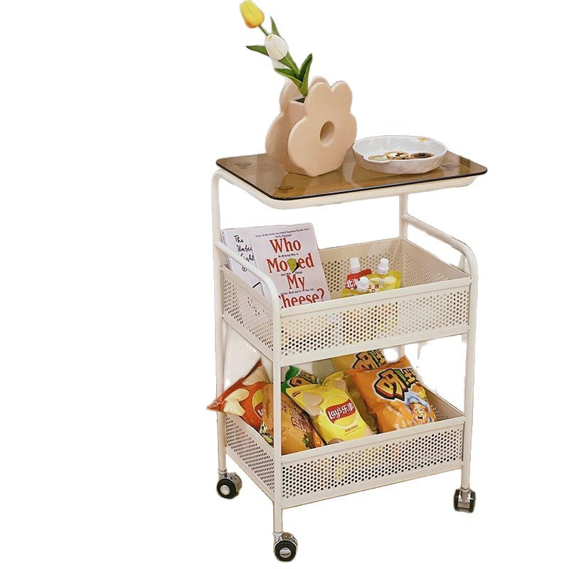 Cream style living room sofa next to several popular snacks multi-layer storage rack bedroom bedside table storage rack trolley