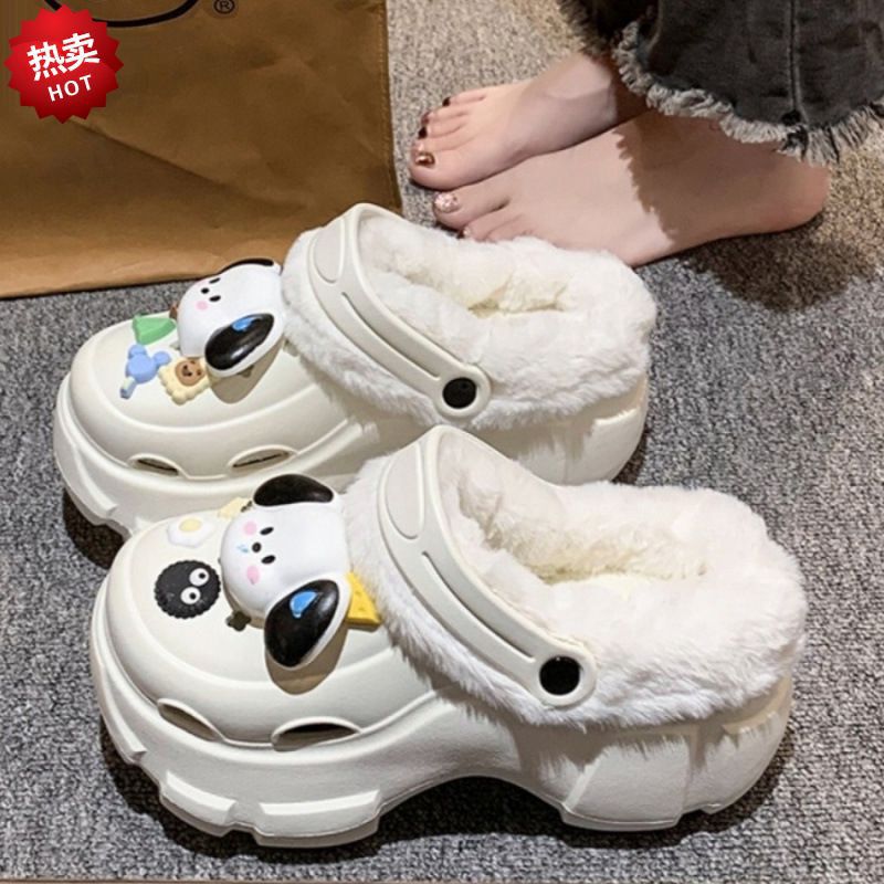 Fleece-lined cotton clogs for women, autumn and winter inner lining, 2024 new style, outer wear, height-increasing thick sole, furry cotton slippers for winter