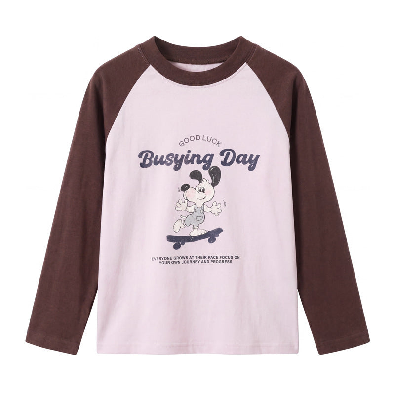 Girls' autumn clothing  new loose color block little girl's clothes long sleeve t-shirt kids cartoon print top