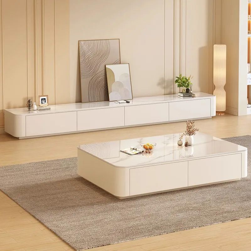 Cream style for home living room small apartment floor-standing tempered glass coffee table tv cabinet combination living room tv cabinet suit