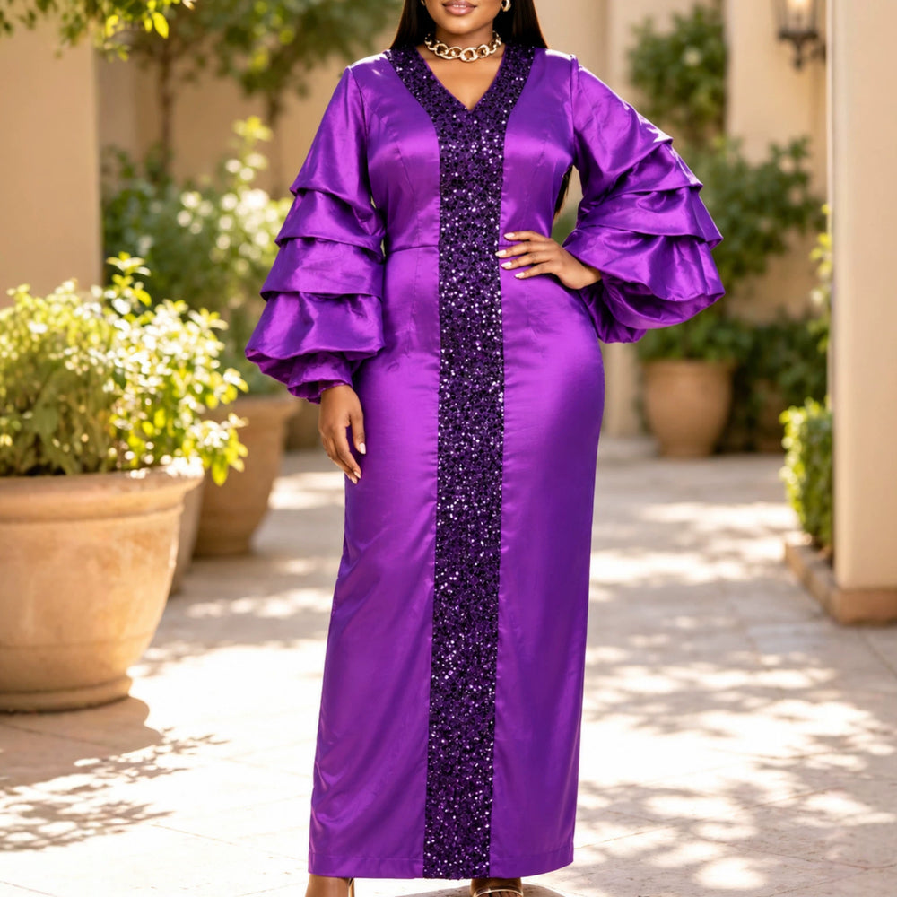 New sequin patchwork lantern sleeve dress - ruched waist, slim fit african robe, evening gown for banquets
