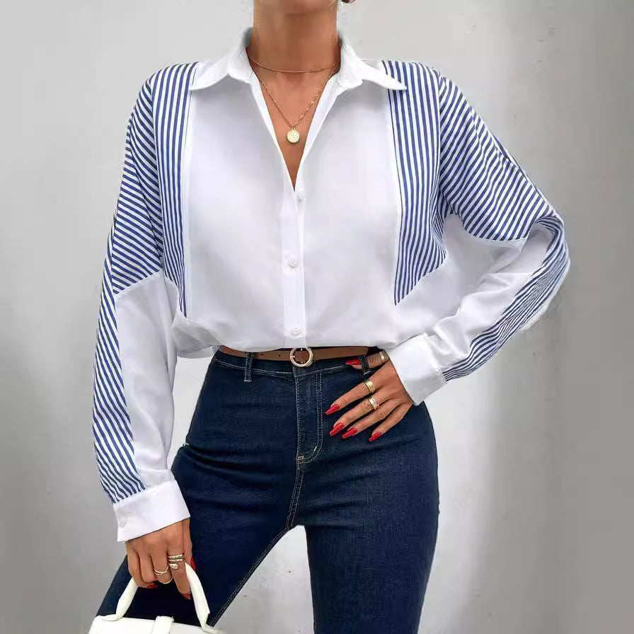 European and american cross-border e-commerce   new arrival: chic commute color block autumn long-sleeve women's blouse