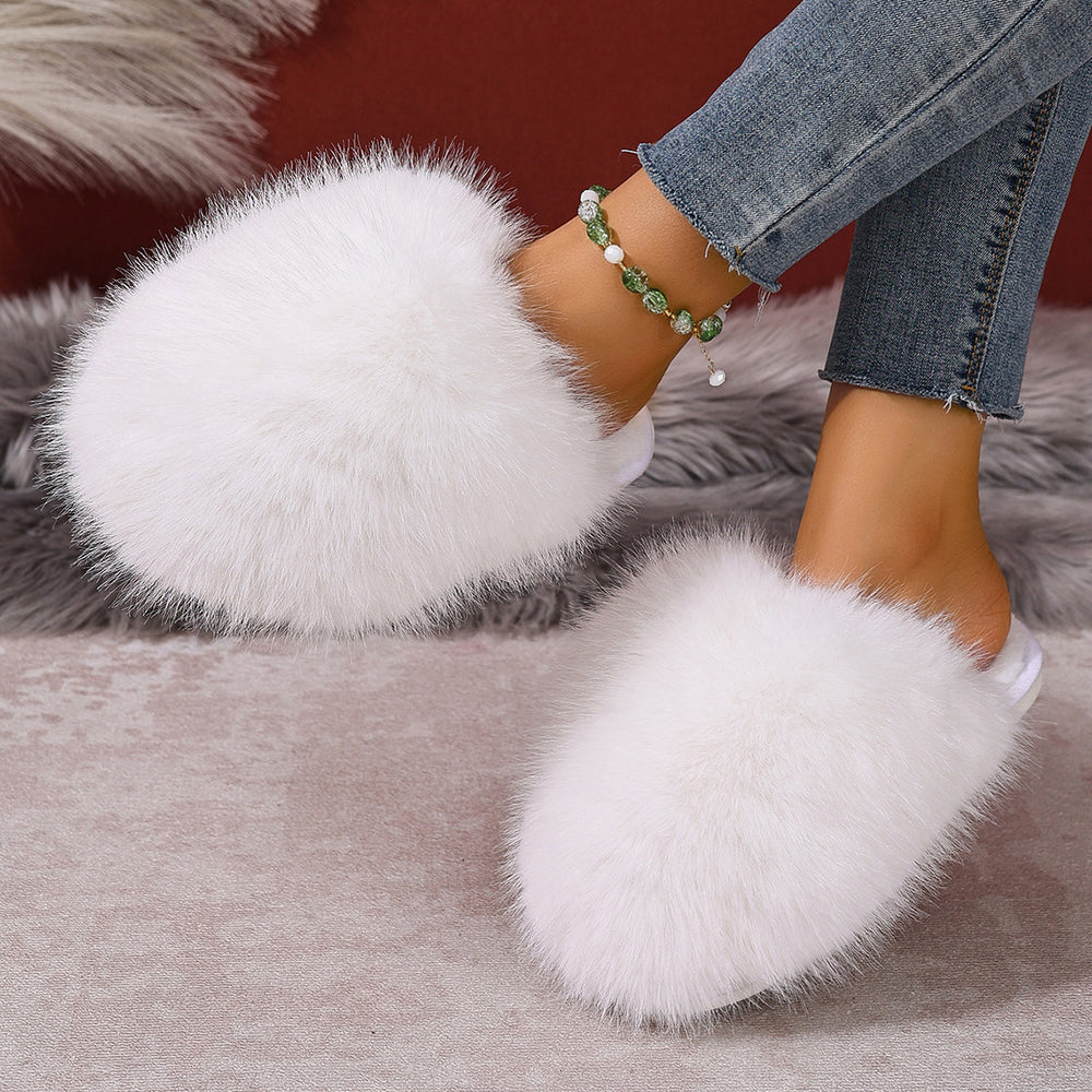 plus sizepure color fluffy large fur slippers soft bottom winter toe-cap home heattech multi-color cotton slippers