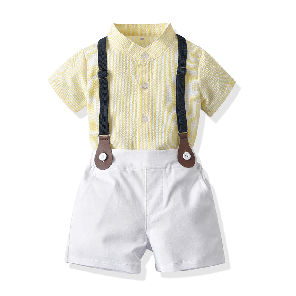 Summer boys' new export style striped bubble cotton short-sleeved shirt and overalls set, korean style children's formal wear
