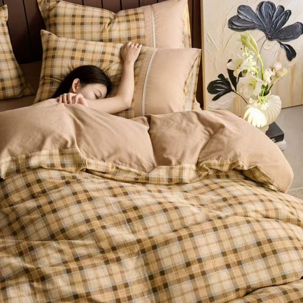 Spring cotton double-layer yarn retro lace four-piece set pure cotton stripes contrasting color soft skin-friendly bedding kit