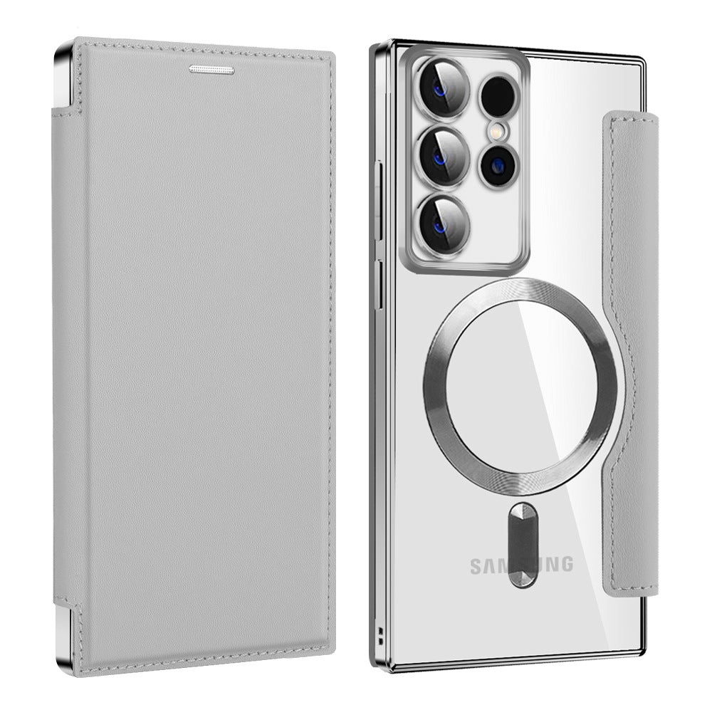 Suitable for samsung s26ultra electroplated magnetic flip leather case s25plus mobile phone case a57 card lens film case