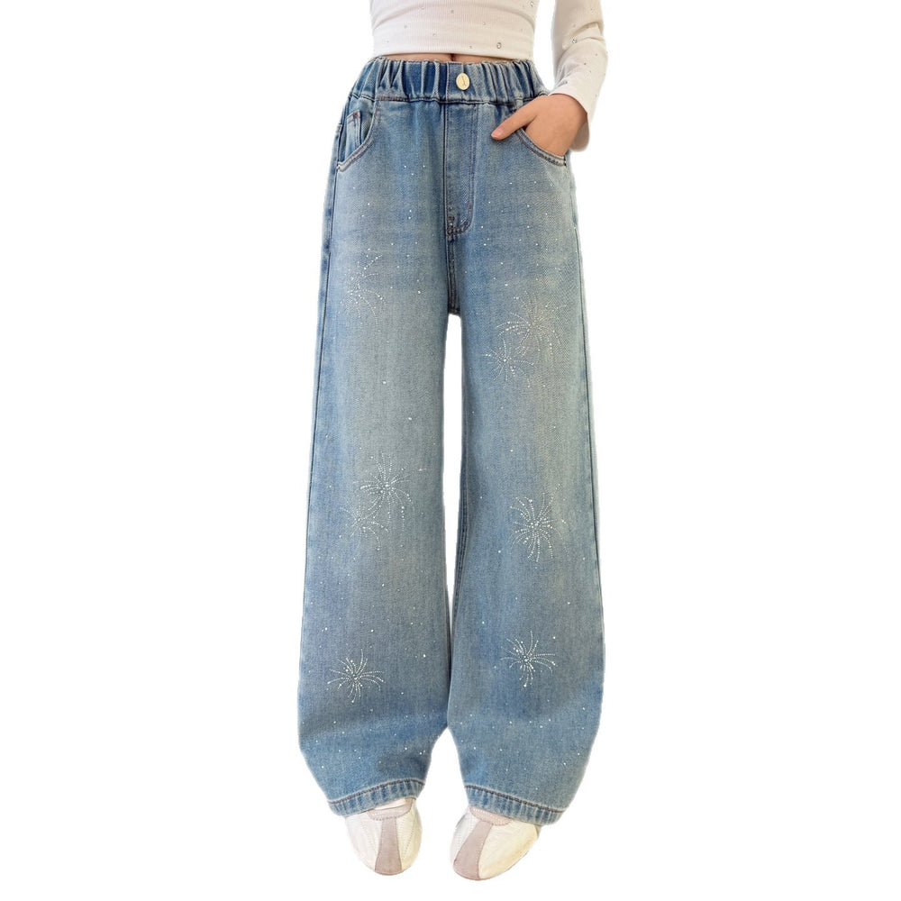 Girls' korean style rhinestone fireworks denim wide-leg pants - spring/autumn kids' high-waisted  new arrival - slimming straight-leg, stylish and trendy