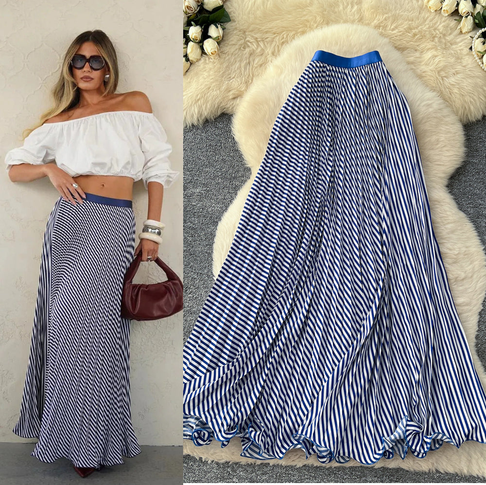 Korean style high-waisted a-line striped patchwork midi skirt - new 2025 collection, versatile striped design with a flowy drape